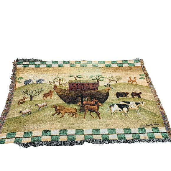 Religious Noahs Ark Woven Tapestry Throw Blanket By Carol Endres 1996 VTG 50"x70 - Picture 9 of 10